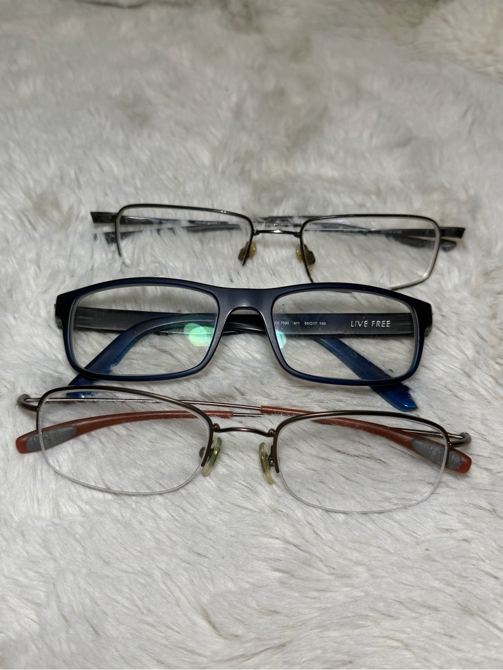 Three-Pair Eyeglass Bundle — Blue, Silver, Brown Frames. Read